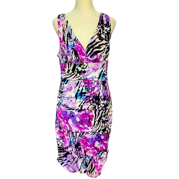 Bisou Bisou Purple Water Color Animal Print Mini Party Dress Size 16 Bodycon - Picture 1 of 10
